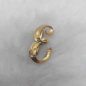 Vintage Initial Letter E Brooch Brushed Gold Tone with Rhinestone